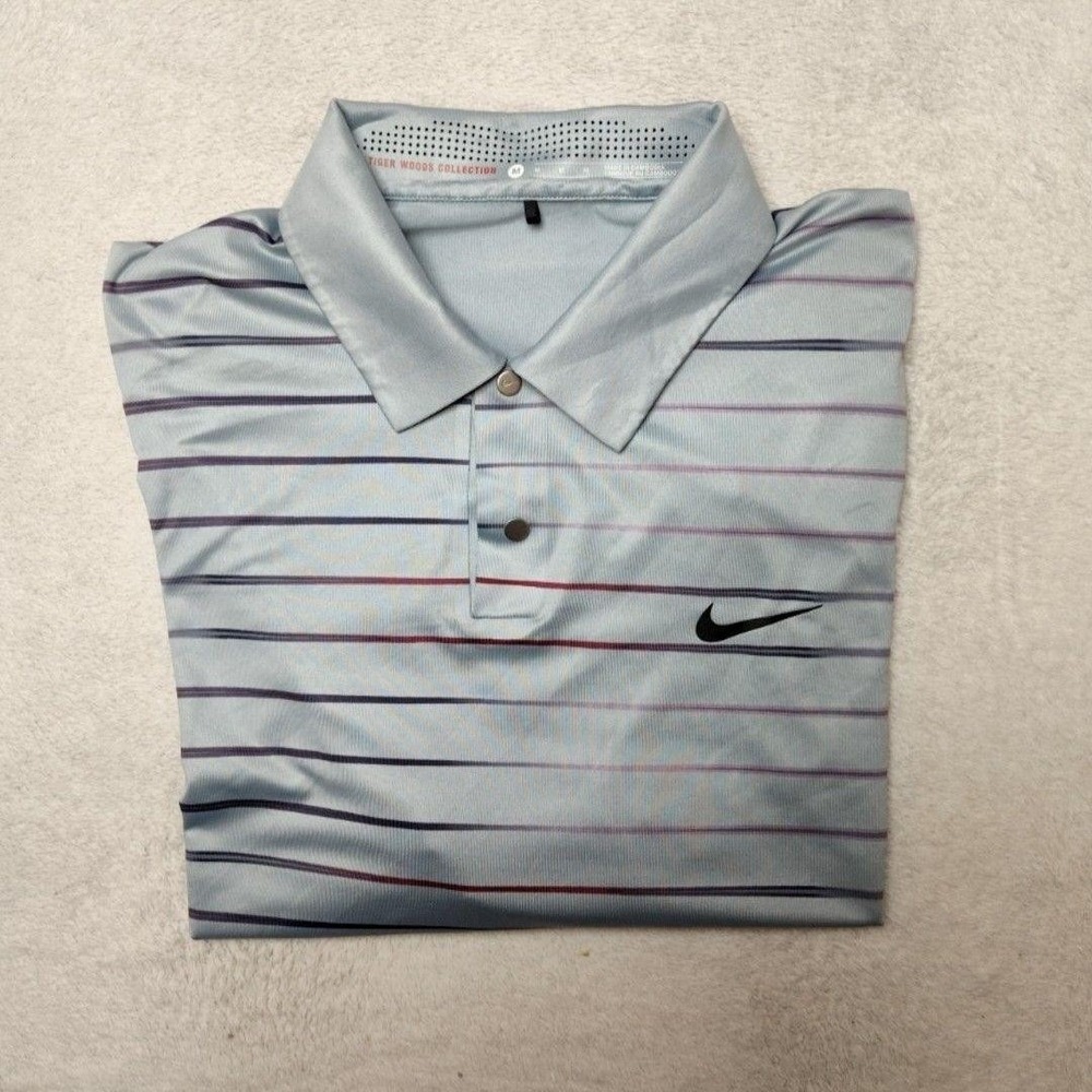 Nike Polo Shirt Mens M Blue Striped Tiger Woods Collection Golf Performance SPOT